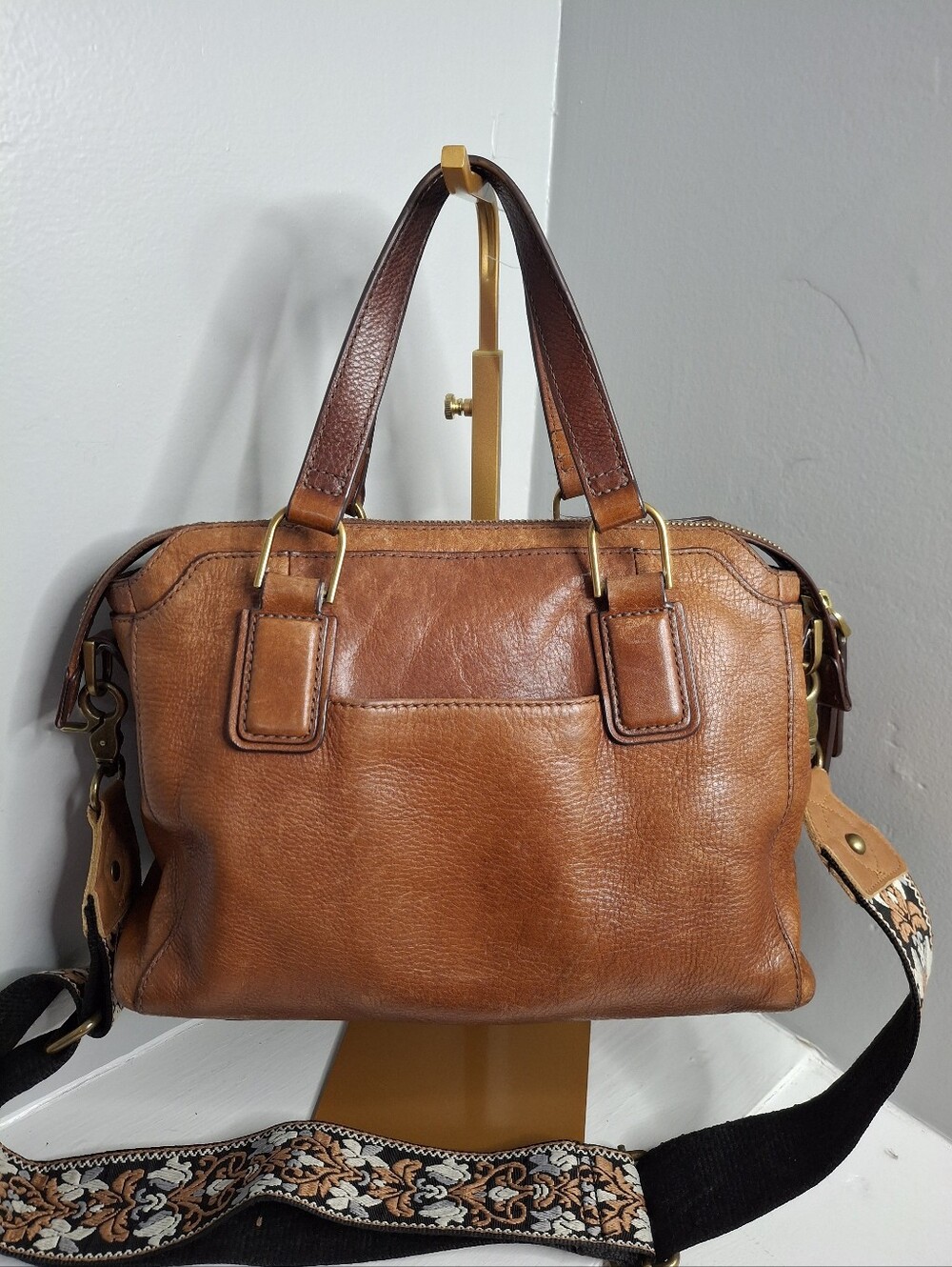 Fossil Vintage Cognac Leather Satchel w/ Boho Floral Guitar Strap & Dust Bag - Picture 2 of 5